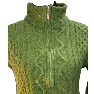 Arancrafts Ireland Green 100% Merino Wool Full Zip Cable Knit Sweater Womens S